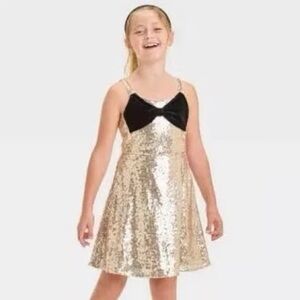 Cat & Jack Gold Sequin Bow Dress Girls Size M (8) Holiday Party Christmas